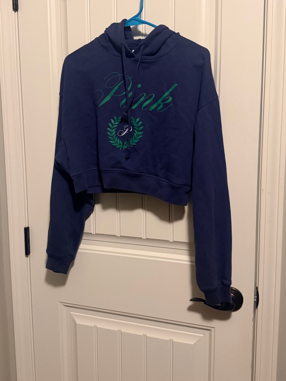 PINK Victoria's Secret Navy Pullover Hoodie with Green Logo crop